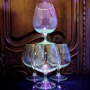4 GLOWING Blown Uranium Glass Lg. 24oz 6 1/8" Tall Clear Snifters Brandy Cognac